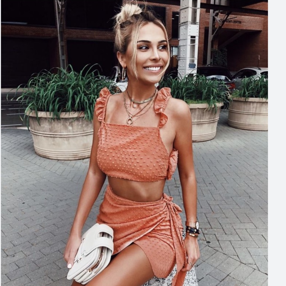 Sabo skirt backless crop top & wrap skirt Swiss dot set